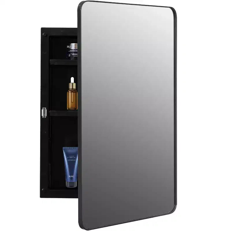 Basicwise Plastic Medicine Cabinet with Beveled Mirror Door, Round Metal Frame, Surface or Recessed Mount, Wall Vanity Cabinet W/ 2 Adjustable Shelves
