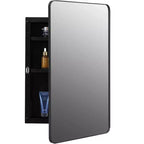 Basicwise Plastic Medicine Cabinet with Beveled Mirror Door, Round Metal Frame, Surface or Recessed Mount, Wall Vanity Cabinet W/ 2 Adjustable Shelves