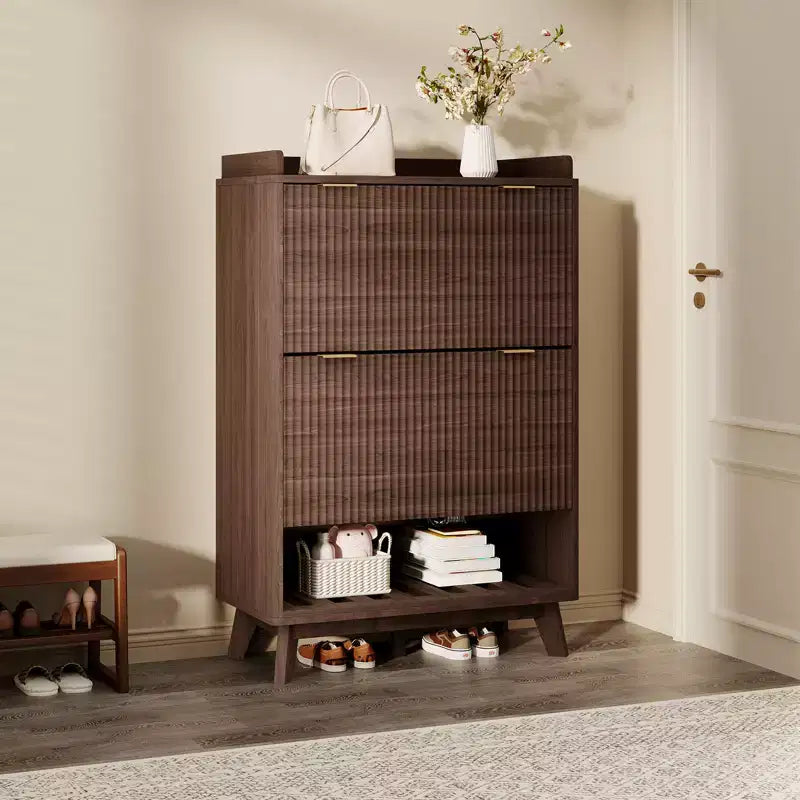 Fluted Shoe Cabinet for Entryway , Modern Narrow Shoe Organizer Storage , Bottom Open Shelf, 2 Flip Drawers, Adjustable Shelves