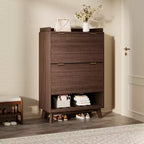 Fluted Shoe Cabinet for Entryway , Modern Narrow Shoe Organizer Storage , Bottom Open Shelf, 2 Flip Drawers, Adjustable Shelves