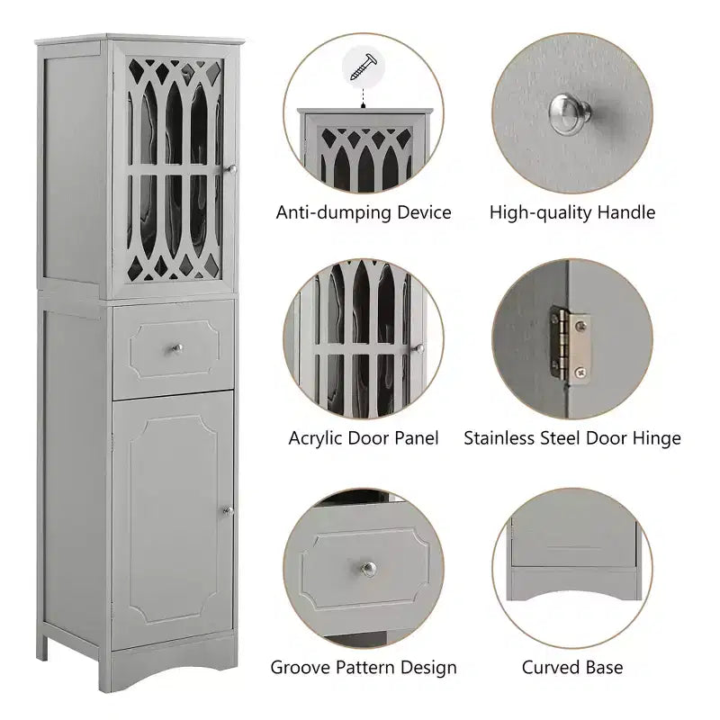 Armario alto de madera moderno Leona, independiente, para baño, con cajón, puerta de acrílico y estante ajustable