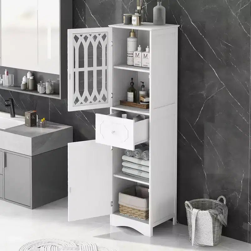 Armario alto de madera moderno Leona, independiente, para baño, con cajón, puerta de acrílico y estante ajustable