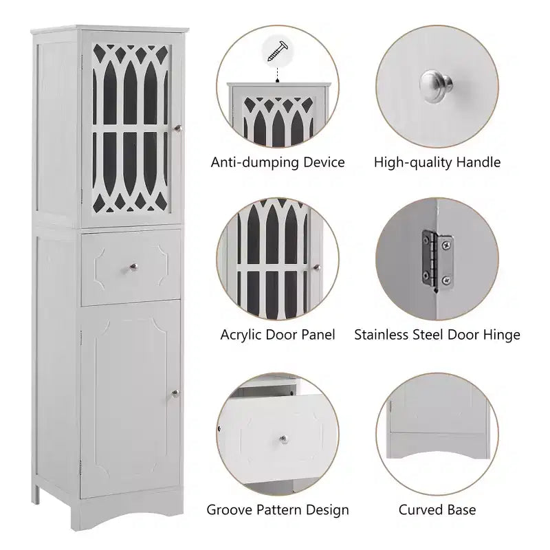 Armario alto de madera moderno Leona, independiente, para baño, con cajón, puerta de acrílico y estante ajustable