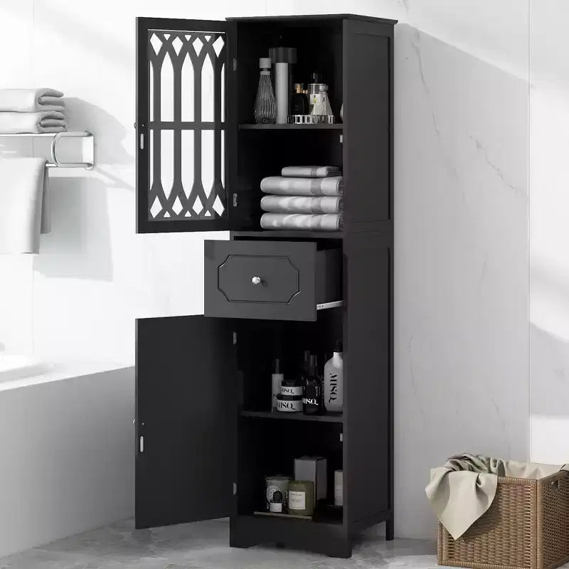 Armario alto de madera moderno Leona, independiente, para baño, con cajón, puerta de acrílico y estante ajustable
