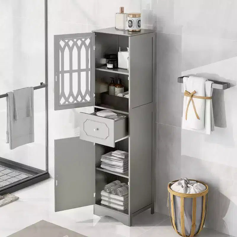 Armario alto de madera moderno Leona, independiente, para baño, con cajón, puerta de acrílico y estante ajustable