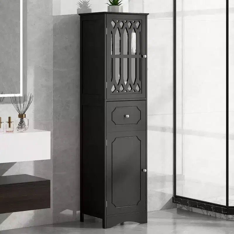 GDFStudio Leona Modern Wood Tall Freestanding Bathroom Storage Cabinet with Drawer, Acrylic Door and Adjustable Shelf