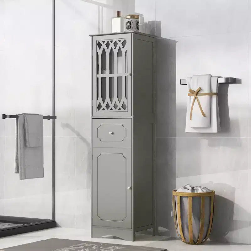 Armario alto de madera moderno Leona, independiente, para baño, con cajón, puerta de acrílico y estante ajustable