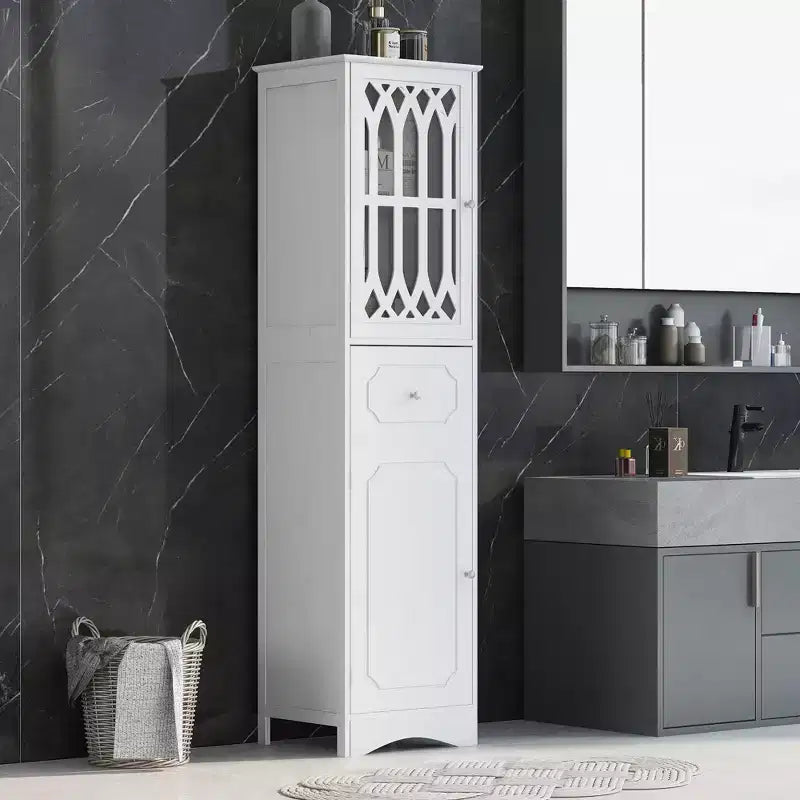 Armario alto de madera moderno Leona, independiente, para baño, con cajón, puerta de acrílico y estante ajustable