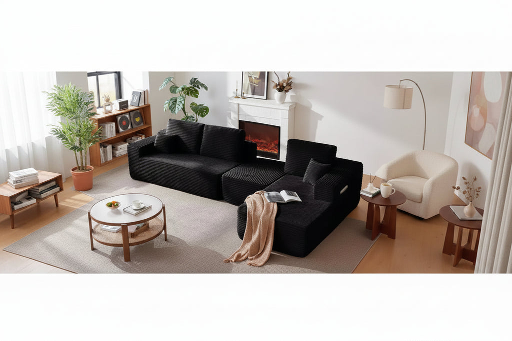 Sofá seccional, diván en forma de U, asiento profundo, bolsillos laterales, tela de felpa, sin montaje, negro, orientación derecha