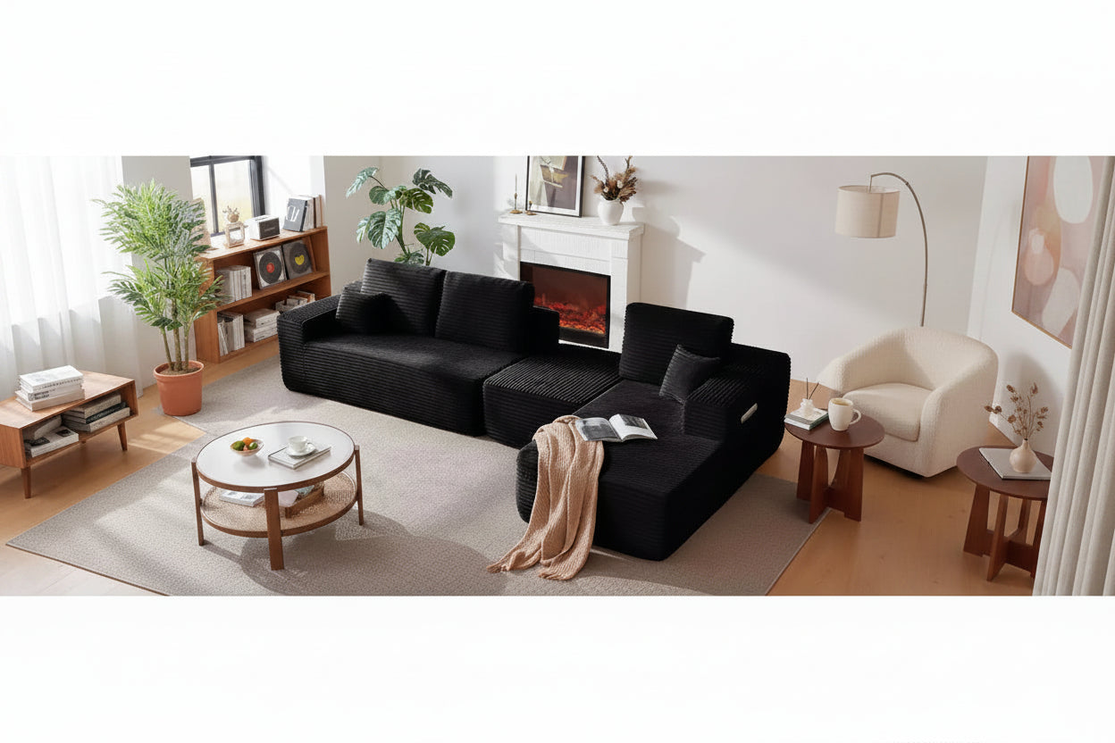 Sofá seccional, diván en forma de U, asiento profundo, bolsillos laterales, tela de felpa, sin montaje, negro, orientación derecha