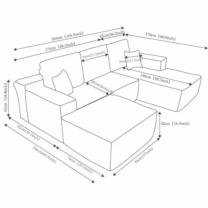 Sofá seccional, diván en forma de U, asiento profundo, bolsillos laterales, tela de felpa, sin montaje, negro, orientación derecha