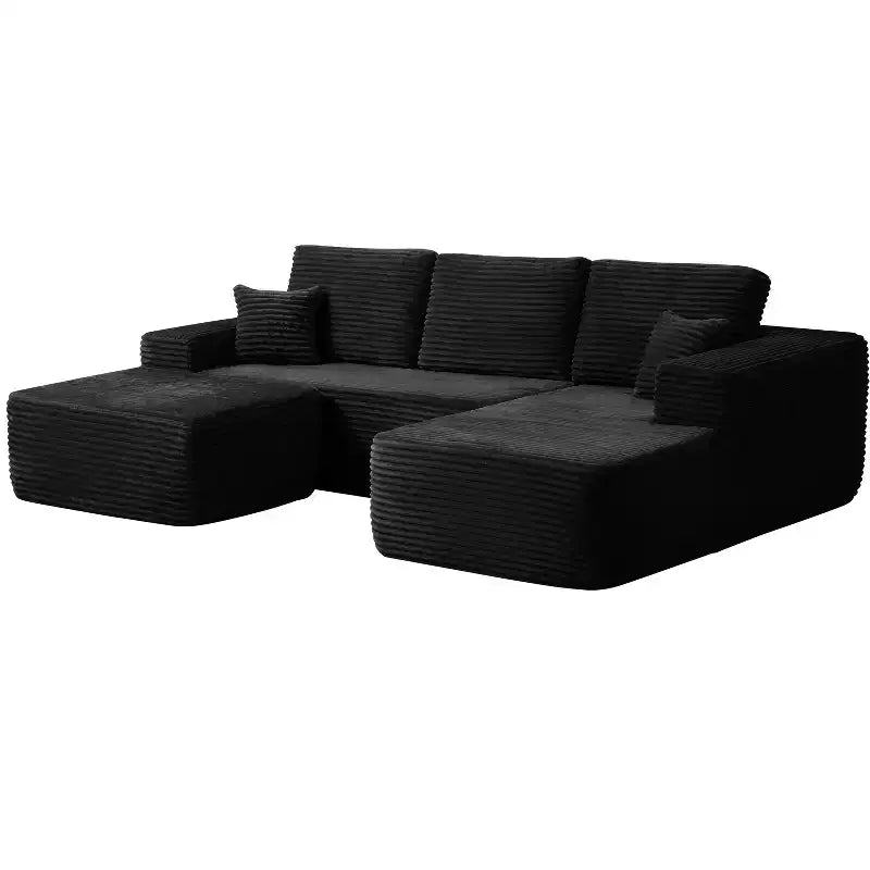 Sofá seccional, diván en forma de U, asiento profundo, bolsillos laterales, tela de felpa, sin montaje, negro, orientación derecha