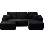 Sofá seccional, diván en forma de U, asiento profundo, bolsillos laterales, tela de felpa, sin montaje, negro, orientación derecha