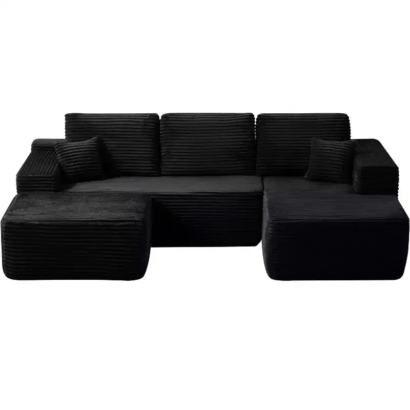 Sofá seccional, diván en forma de U, asiento profundo, bolsillos laterales, tela de felpa, sin montaje, negro, orientación derecha