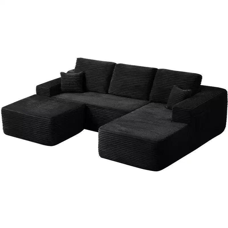 Sofá seccional, diván en forma de U, asiento profundo, bolsillos laterales, tela de felpa, sin montaje, negro, orientación derecha