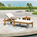 Tumbona de madera con respaldo de 5 posiciones, camastro de exterior para patio con ruedas y cojín resistente al agua para jardín o piscina