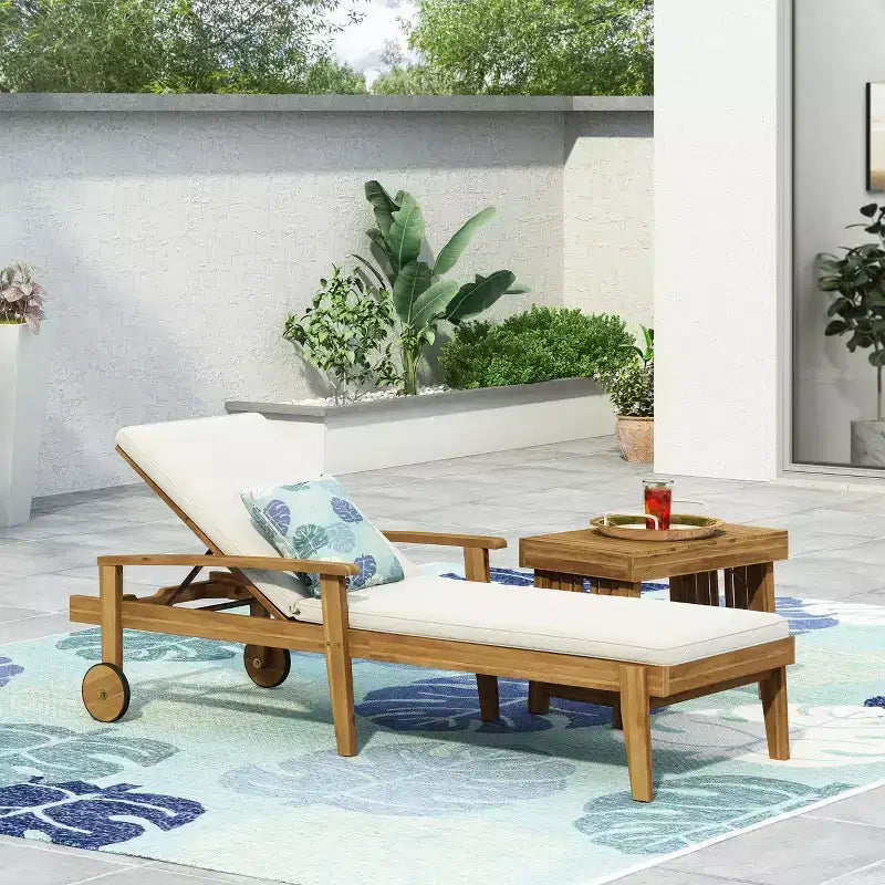 Tumbona de madera con respaldo de 5 posiciones, camastro de exterior para patio con ruedas y cojín resistente al agua para jardín o piscina