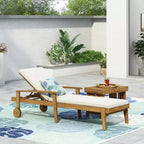 Tumbona de madera con respaldo de 5 posiciones, camastro de exterior para patio con ruedas y cojín resistente al agua para jardín o piscina