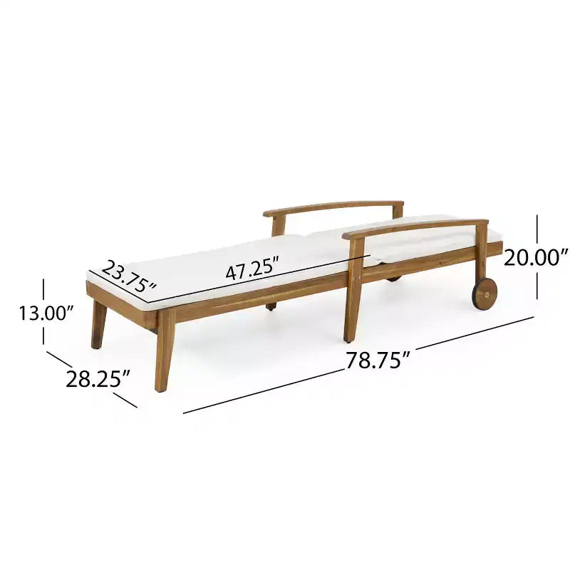 Tumbona de madera con respaldo de 5 posiciones, camastro de exterior para patio con ruedas y cojín resistente al agua para jardín o piscina