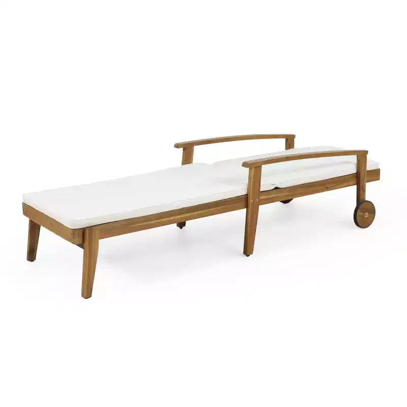 Tumbona de madera con respaldo de 5 posiciones, camastro de exterior para patio con ruedas y cojín resistente al agua para jardín o piscina