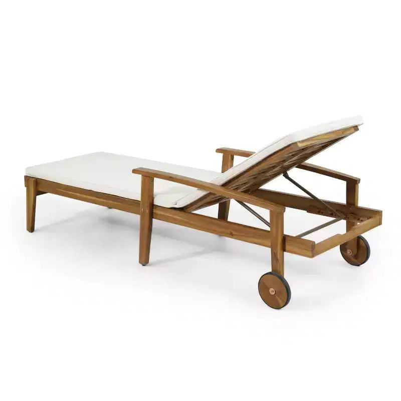 Tumbona de madera con respaldo de 5 posiciones, camastro de exterior para patio con ruedas y cojín resistente al agua para jardín o piscina