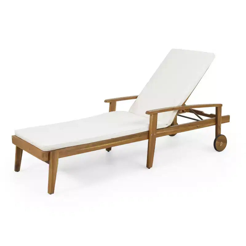 Tumbona de madera con respaldo de 5 posiciones, camastro de exterior para patio con ruedas y cojín resistente al agua para jardín o piscina