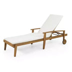 Tumbona de madera con respaldo de 5 posiciones, camastro de exterior para patio con ruedas y cojín resistente al agua para jardín o piscina