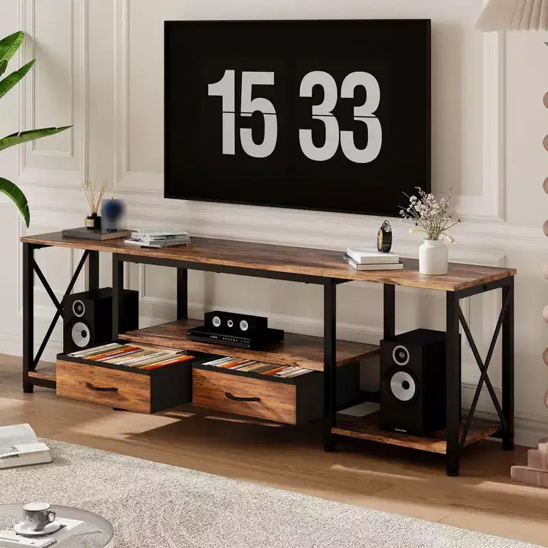 Modern TV Stand with 2 Fabric Drawers, Wooden Entertainment Center for TVs up to 75, Media Console Table with Open Shelves for Living Room Bedroom