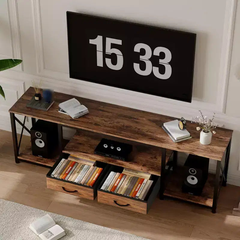Mueble de TV moderno con 2 cajones de tela, centro de entretenimiento de madera para televisores de hasta 75 pulgadas, mesa consola multimedia con estantes abiertos para sala de estar o dormitorio