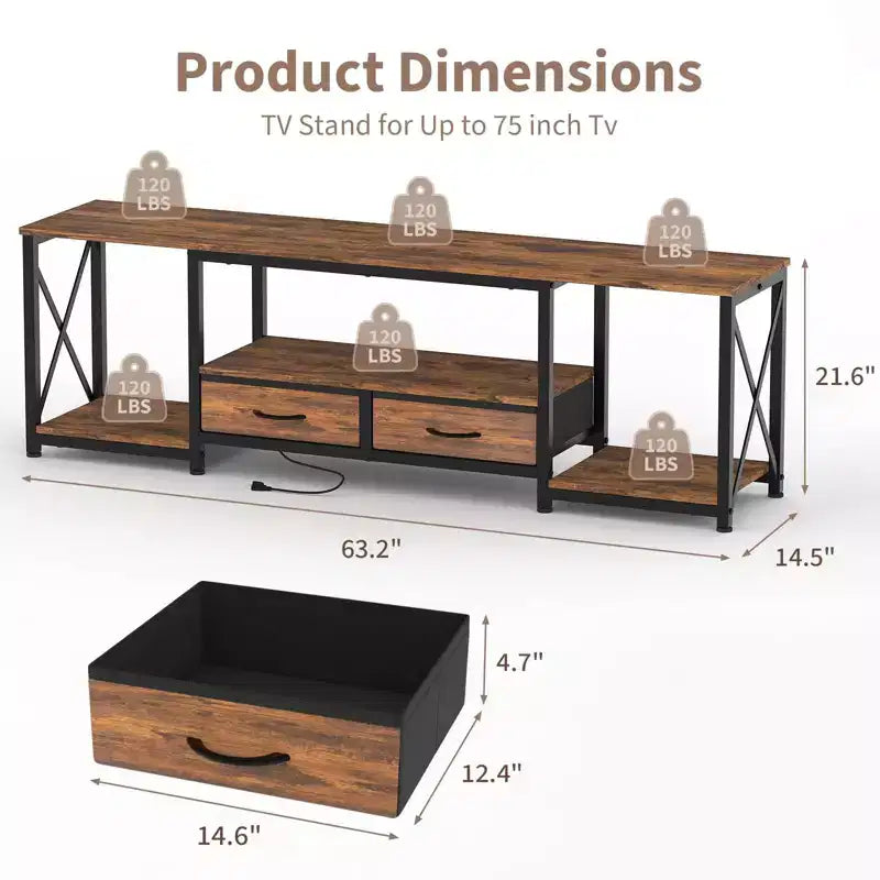 Mueble de TV moderno con 2 cajones de tela, centro de entretenimiento de madera para televisores de hasta 75 pulgadas, mesa consola multimedia con estantes abiertos para sala de estar o dormitorio
