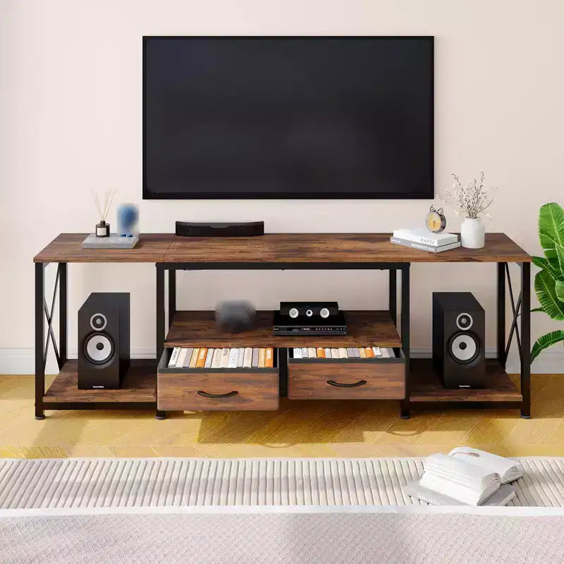 Mueble de TV moderno con 2 cajones de tela, centro de entretenimiento de madera para televisores de hasta 75 pulgadas, mesa consola multimedia con estantes abiertos para sala de estar o dormitorio
