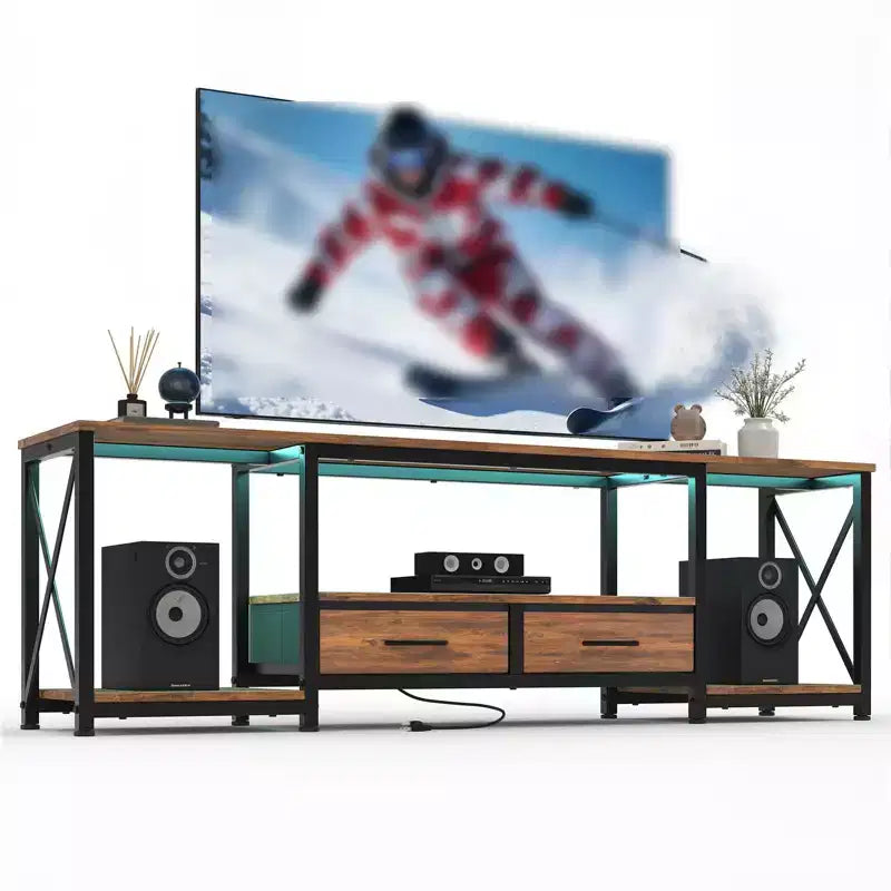 Mueble de TV moderno con 2 cajones de tela, centro de entretenimiento de madera para televisores de hasta 75 pulgadas, mesa consola multimedia con estantes abiertos para sala de estar o dormitorio