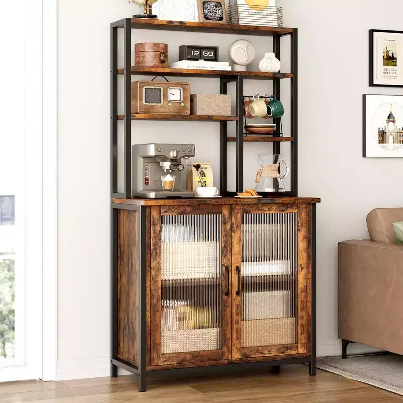 Vintage 5-Tier Bakers Rack with Cabinet & Microwave Stand, 63.78 Kitchen Storage Shelf with Hooks & Door, Large Coffee Bar Station