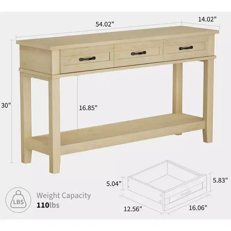 Mesa de entrada rústica, mesa consola de 3 niveles con 3 cajones de almacenamiento, mesa de sofá de madera de 54 pulgadas para recibidor, sala de estar, mesa de pasillo