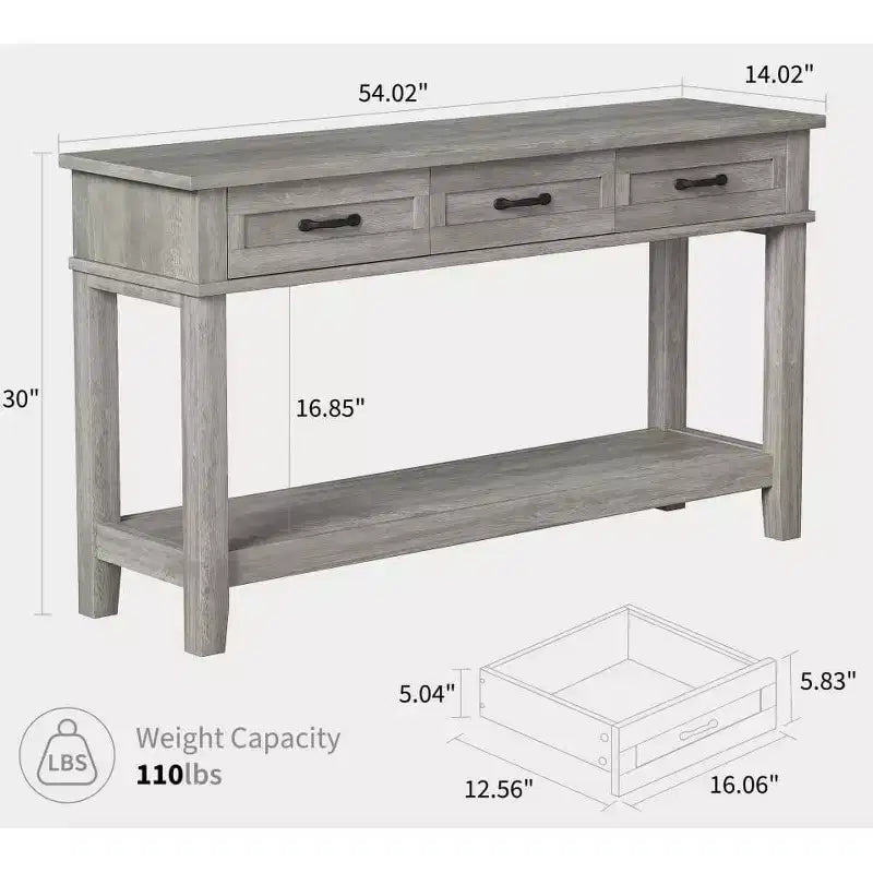 Mesa de entrada rústica, mesa consola de 3 niveles con 3 cajones de almacenamiento, mesa de sofá de madera de 54 pulgadas para recibidor, sala de estar, mesa de pasillo