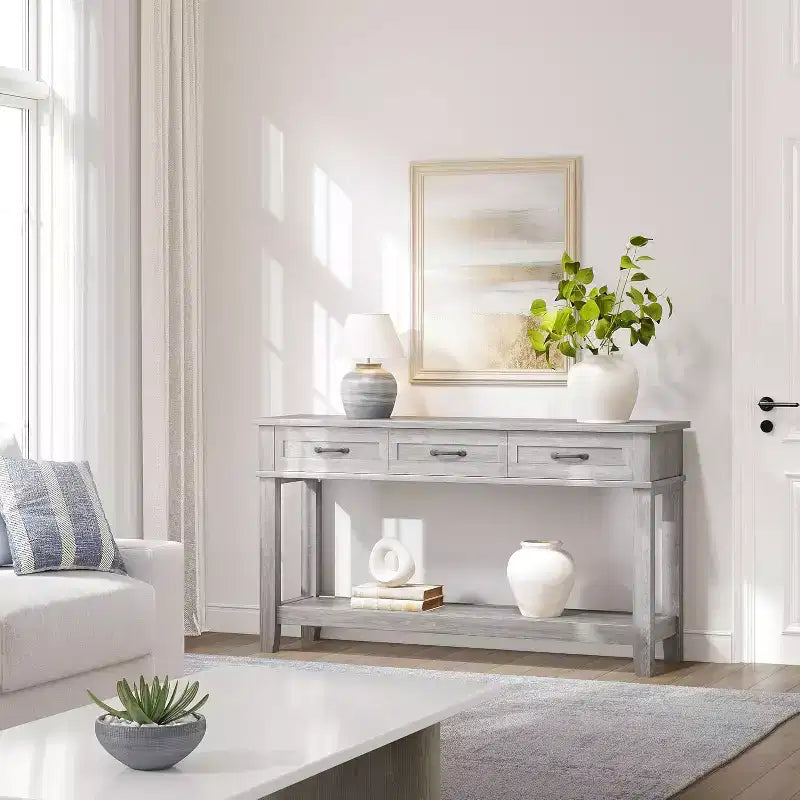 Mesa de entrada rústica, mesa consola de 3 niveles con 3 cajones de almacenamiento, mesa de sofá de madera de 54 pulgadas para recibidor, sala de estar, mesa de pasillo