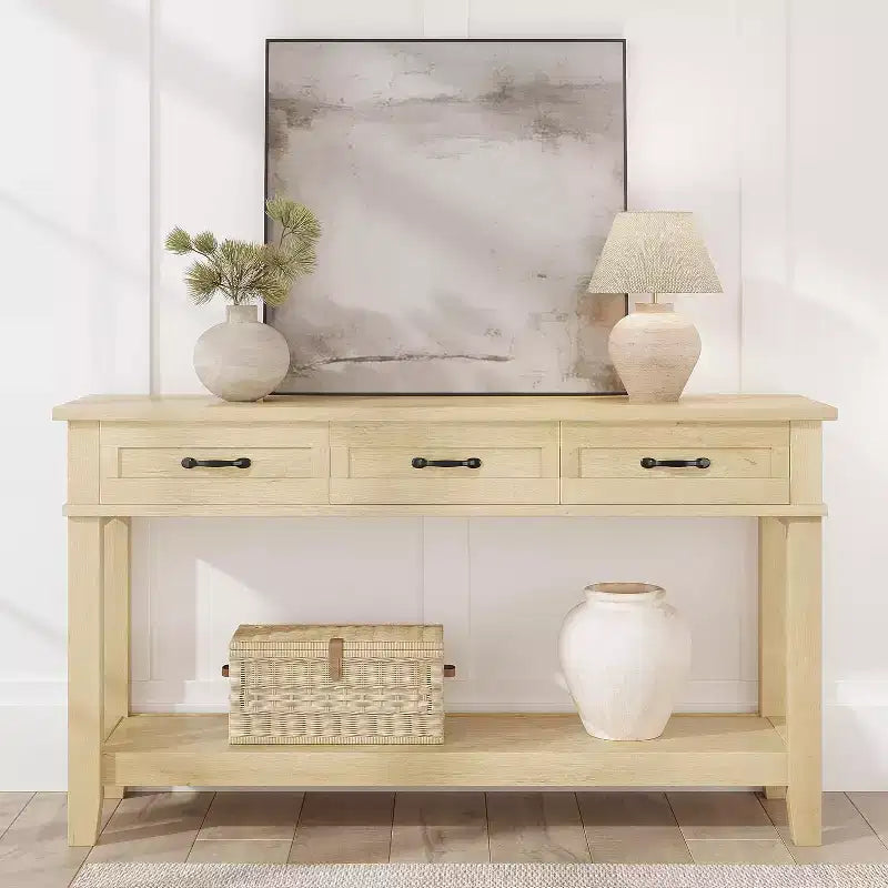 Mesa de entrada rústica, mesa consola de 3 niveles con 3 cajones de almacenamiento, mesa de sofá de madera de 54 pulgadas para recibidor, sala de estar, mesa de pasillo
