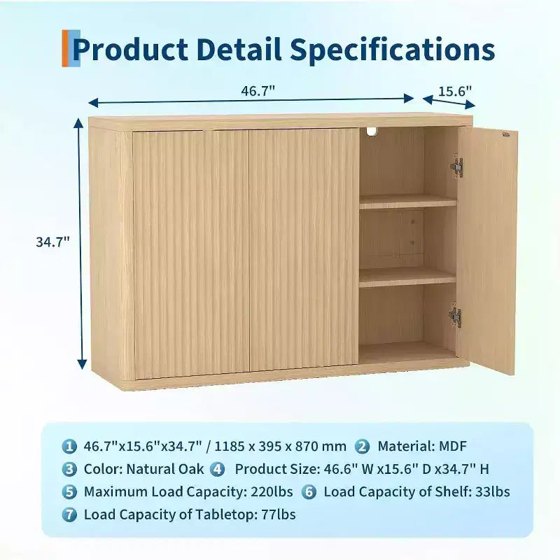 Armario buffet de 46.7", aparador moderno de almacenamiento con estantes ajustables, puertas onduladas, para comedor o sala de estar