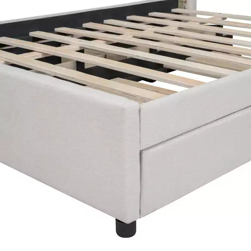 Cama moderna tapizada con plataforma, 2 cajones y 1 cama nido
