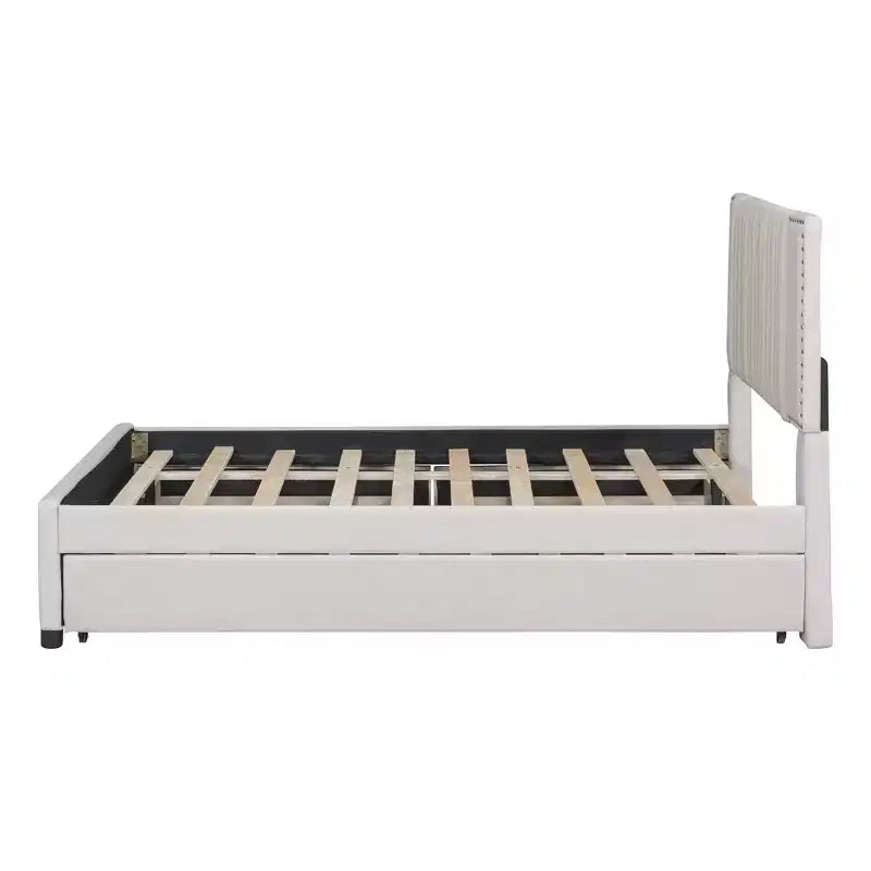 Cama moderna tapizada con plataforma, 2 cajones y 1 cama nido