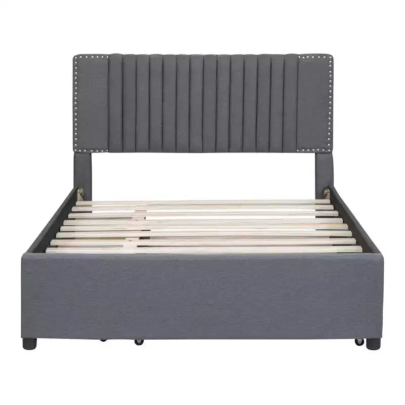 Cama moderna tapizada con plataforma, 2 cajones y 1 cama nido