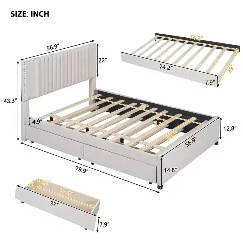 Cama moderna tapizada con plataforma, 2 cajones y 1 cama nido