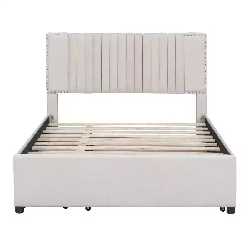 Cama moderna tapizada con plataforma, 2 cajones y 1 cama nido