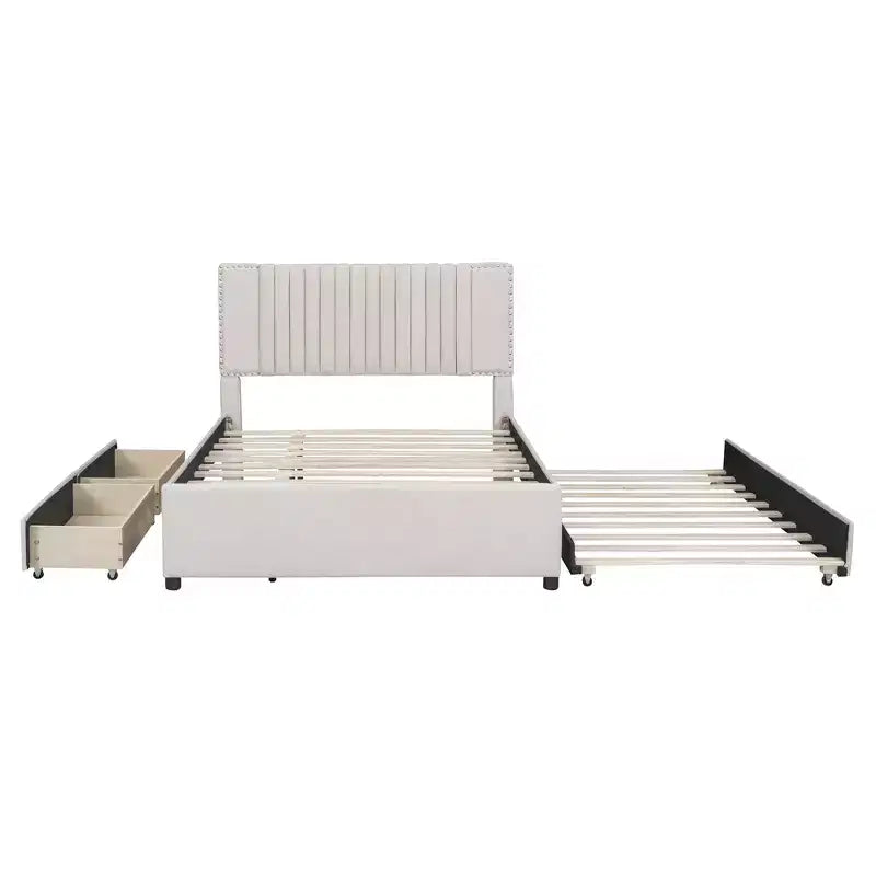 Cama moderna tapizada con plataforma, 2 cajones y 1 cama nido