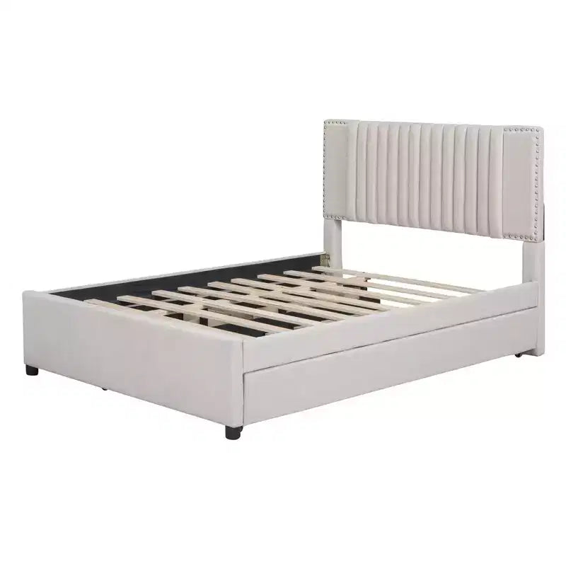 Cama moderna tapizada con plataforma, 2 cajones y 1 cama nido