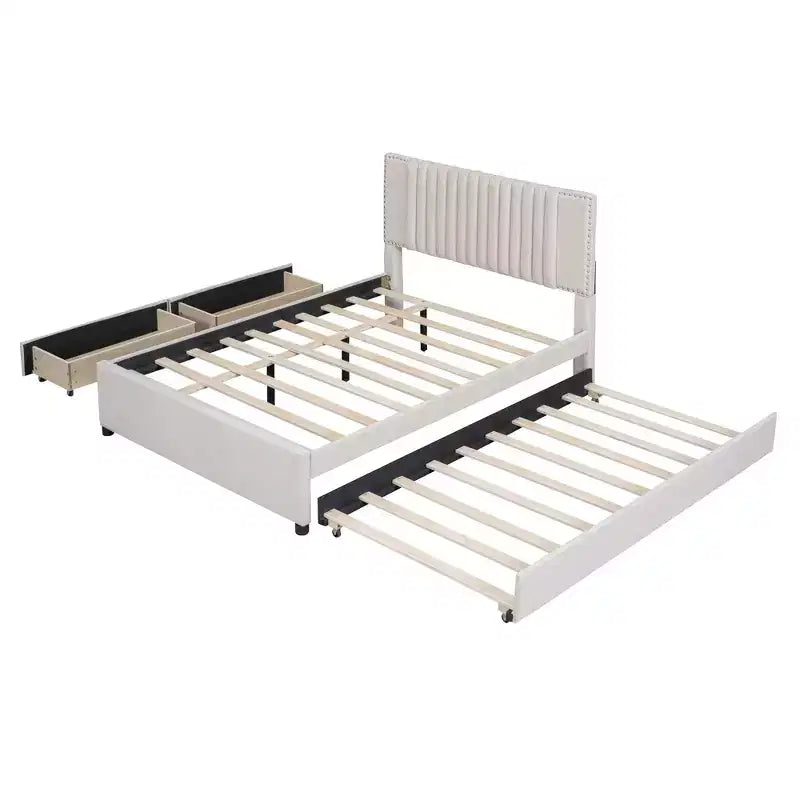 Cama moderna tapizada con plataforma, 2 cajones y 1 cama nido