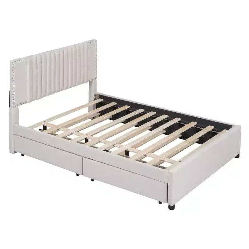 Cama moderna tapizada con plataforma, 2 cajones y 1 cama nido