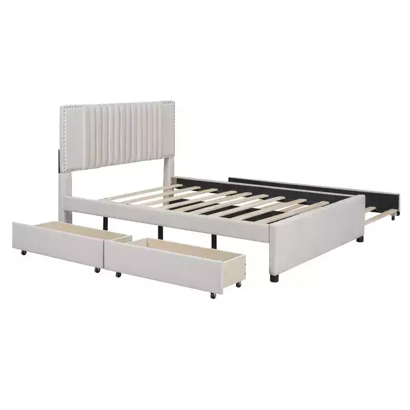 Cama moderna tapizada con plataforma, 2 cajones y 1 cama nido