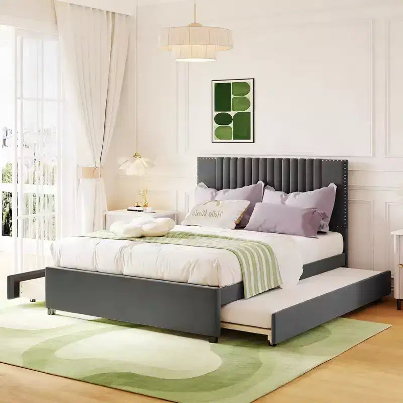 Cama moderna tapizada con plataforma, 2 cajones y 1 cama nido