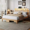 Boho Rattan Queen Bed Frame Natural Wood with LED Lights Charging Station Storage Headboard Platform Bed No Box Spring Modern Bedroom